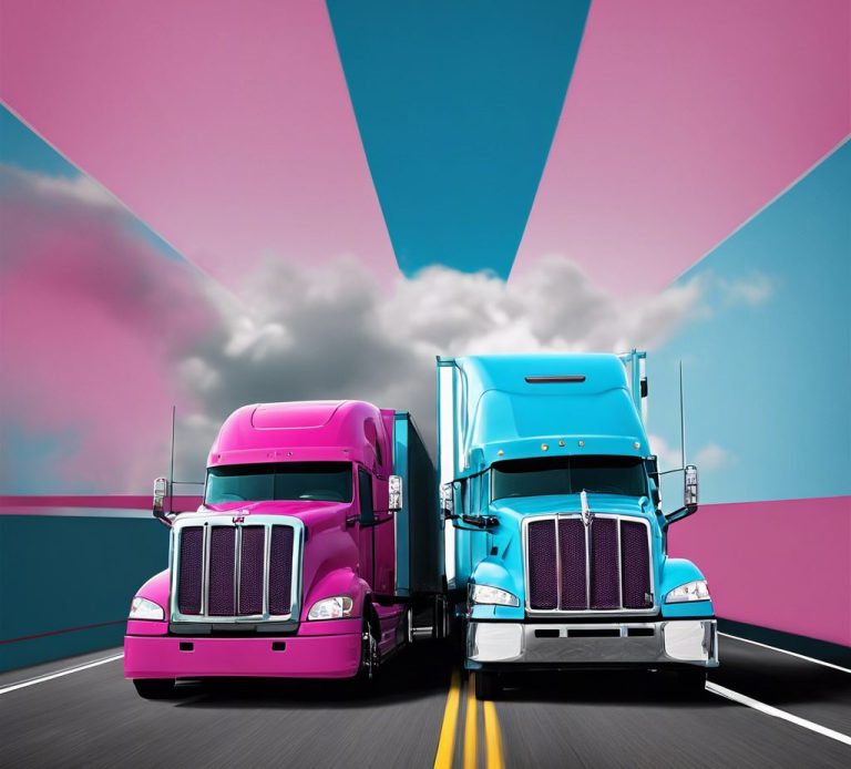 Two large delivery trucks, one pink and one blue, parked on a scenic road at sunrise.