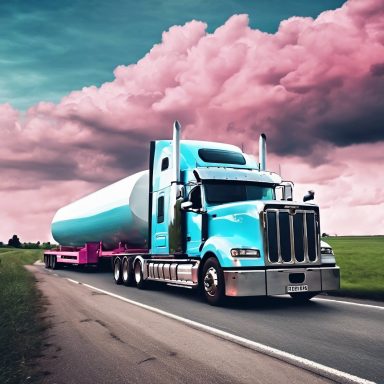 Blue and pink semi-truck towing a large tank on a rural road under dramatic clouds.