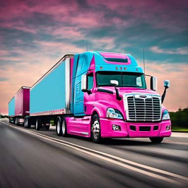 Pink and blue freight truck driving on a highway under a colorful sky.