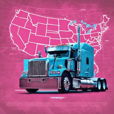 A blue truck in front of a pink map of the United States.