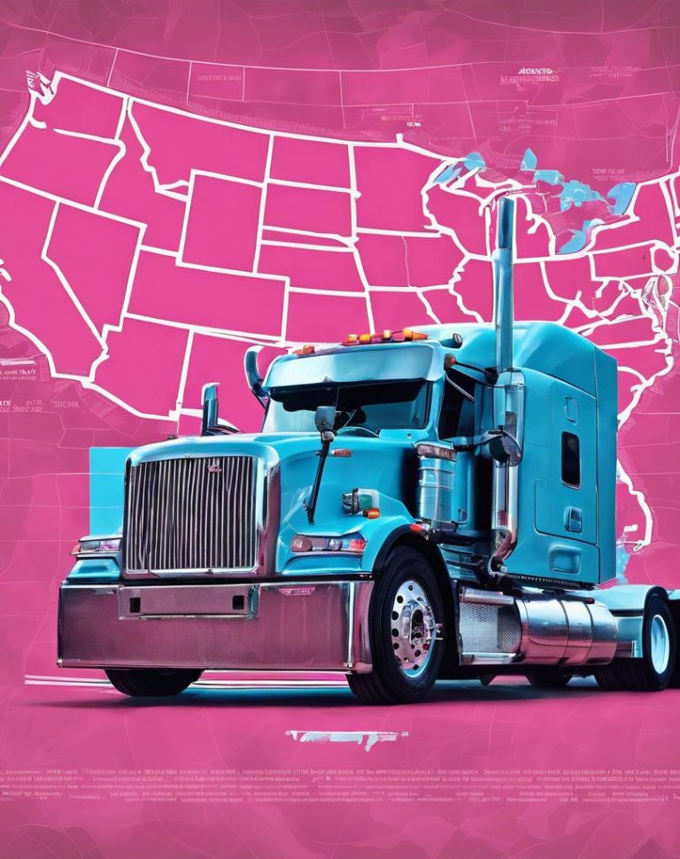 Blue semi-truck in front of a pink map of the United States.