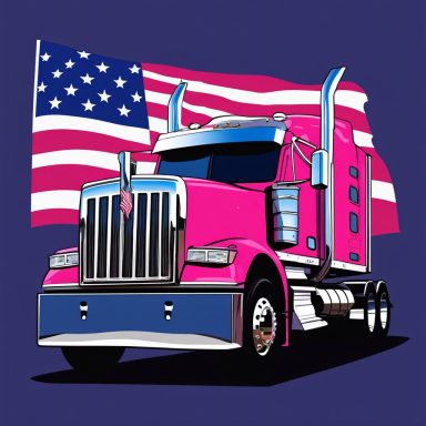 Pink truck in front of an American flag, showcasing a bold design.