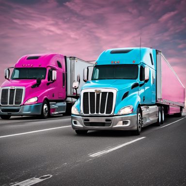 Two semi-trucks, one pink and one blue, driving on a highway under a colorful sky.