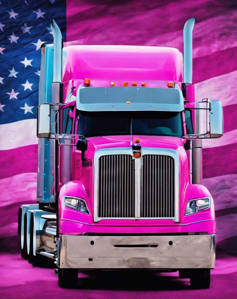 Bright pink semi truck in front of an American flag backdrop.