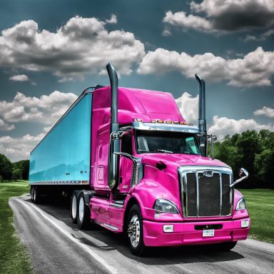 A bright pink semi-truck with a blue trailer on a scenic road under a cloudy sky.