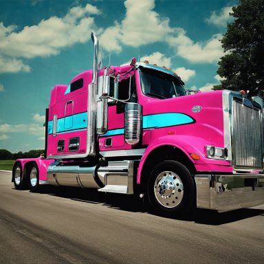 Bright pink semi-truck with teal accents parked on a rural road under a blue sky.