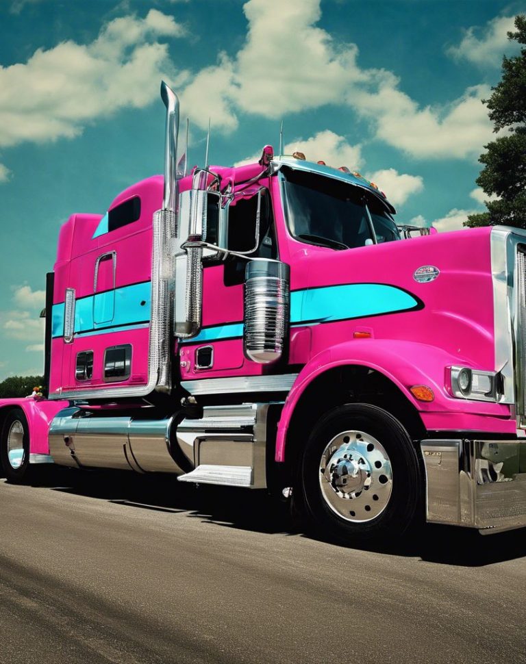 Bright pink and turquoise semi-truck driving on a highway under a blue sky.