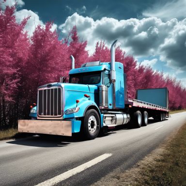 Blue semi-truck on a road lined with vibrant pink trees under a cloudy sky.