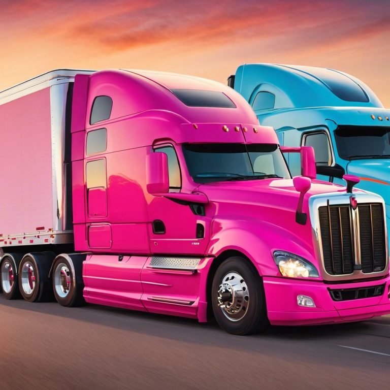 Two brightly colored semi-trucks, one pink and one blue, parked on a road during sunset.