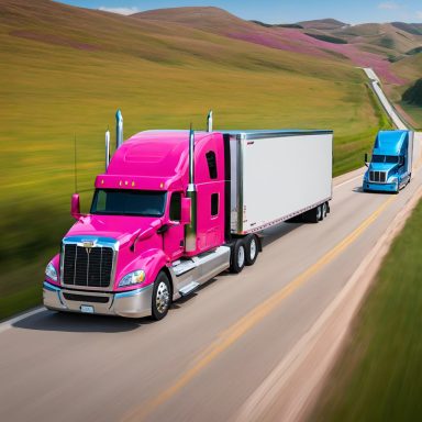 Two large trucks, one pink and one blue, driving on a scenic highway surrounded by green hills.