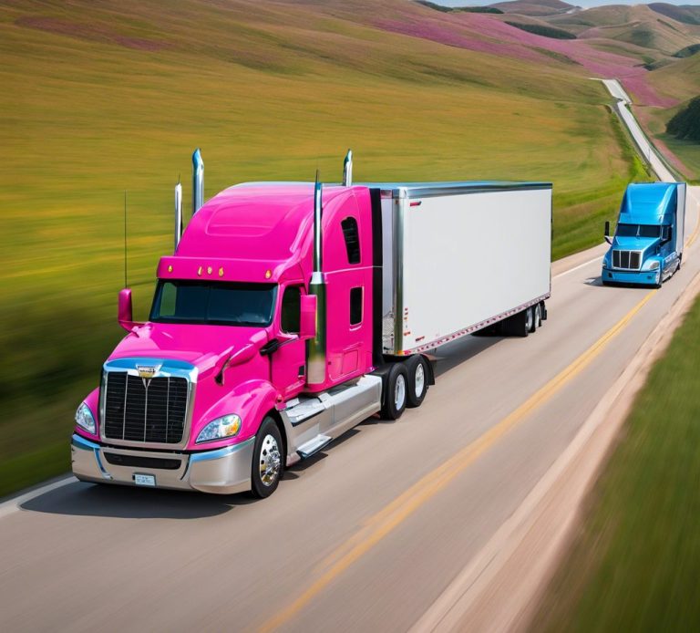 Two trucks drive on a scenic highway, one bright pink and the other blue.