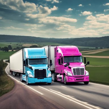 Two large delivery trucks, one blue and one pink, driving on a winding rural road.