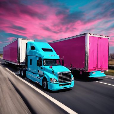 Turquoise truck with a pink trailer driving on a highway under a colorful sky.