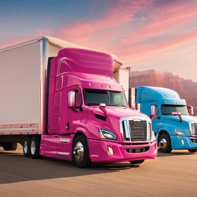 Two brightly colored semi-trucks, one pink and one blue, parked on a highway at sunset.