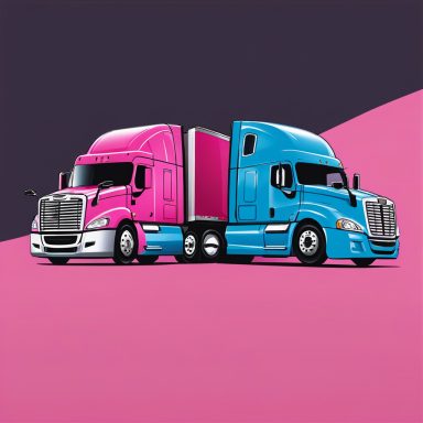 Two brightly colored trucks, one pink and one blue, facing each other against a dark background.