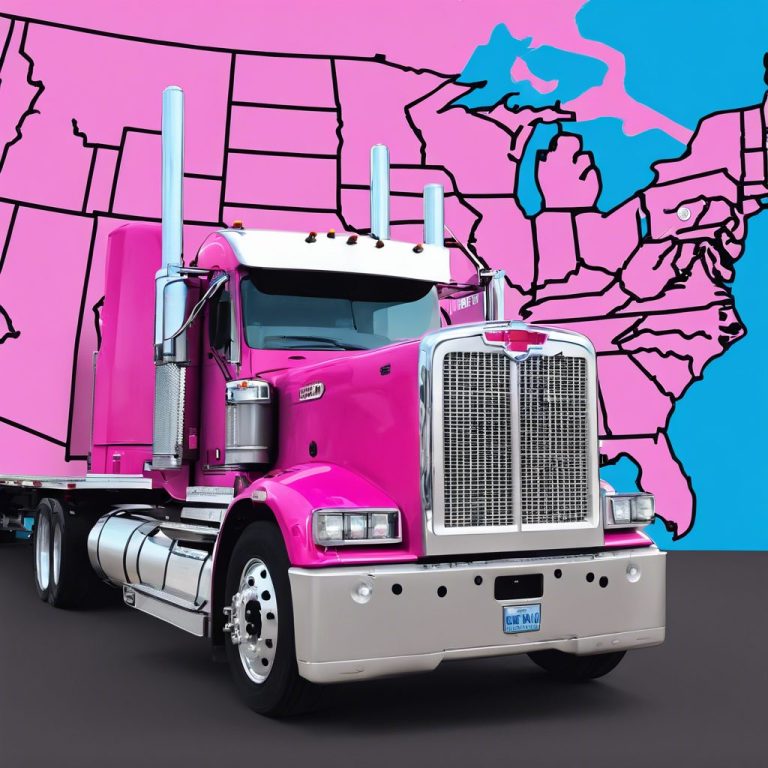 Pink semi-truck parked on a road with a colorful trailer in the background.