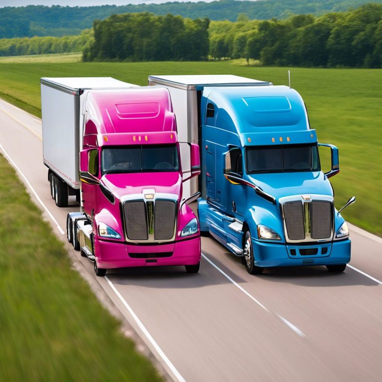 Two parked white semi-trucks against a clear blue sky.