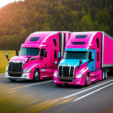 Two brightly colored pink and blue semi-trucks on a highway surrounded by trees.