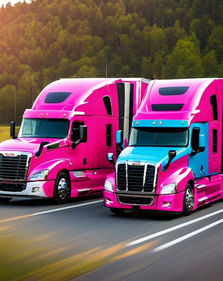 A bright pink semi-truck driving on a rural road beside a blue truck.