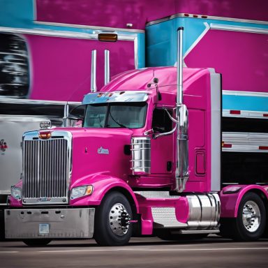 Bright pink semi-truck with chrome accents on a highway.