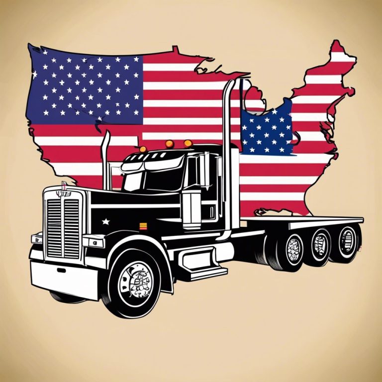 Black semi-truck in front of a map of the USA decorated with the American flag.